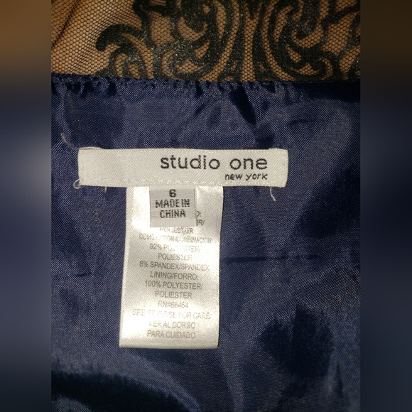 Studio One Navy Blue Dress w/ Black & Gold Embroidered Lace Overlay (Size 6) - Picture 9 of 16
